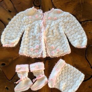 Vintage Handmade Crochet Knit Baby Sweater Set Cardigan, Bonnet & Booties